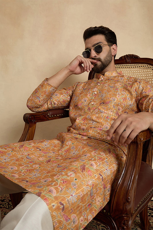 Ethnic Bay Mustard Silk Blend Printed Straight Kurta With Trousers MKSET1976