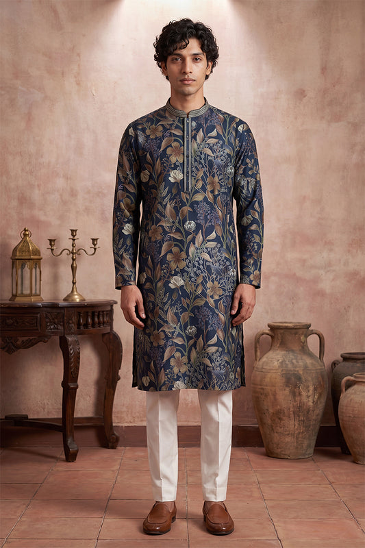Ethnic Bay Mens Blue Modal Floral Printed Calf Length Straight Regular Kurta With Trouser MKSET1978