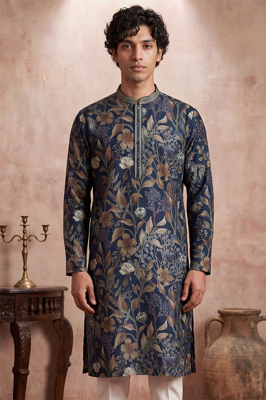 Ethnic Bay Mens Blue Modal Floral Printed Calf Length Straight Regular Kurta With Trouser MKSET1978