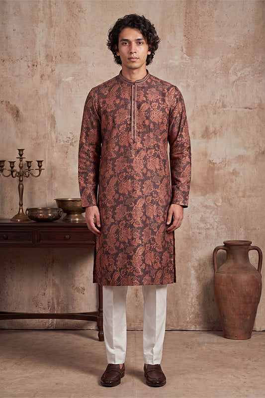Ethnic Bay Mens Grey Modal Floral Printed Calf Length Straight Regular Kurta MKU1980