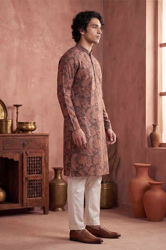 Ethnic Bay Mens Grey Modal Floral Printed Calf Length Straight Regular Kurta With Trouser MKSET1980