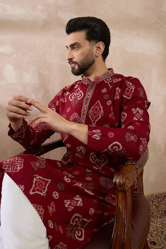 Red Silk Blend Printed Mandarin Collar Straight Kurta With Trouser MKSET1988
