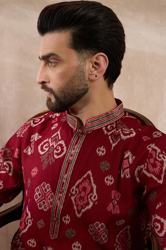 Red Silk Blend Printed Mandarin Collar Straight Kurta With Trouser MKSET1988