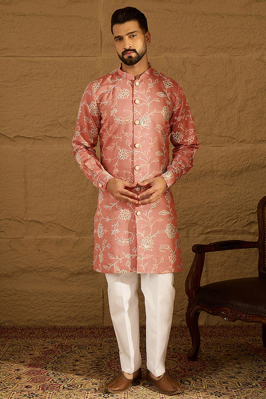 Peach Viscose Rayon Embroidered Mandarin Collar Straight Kurta With Trouser MKSET1989