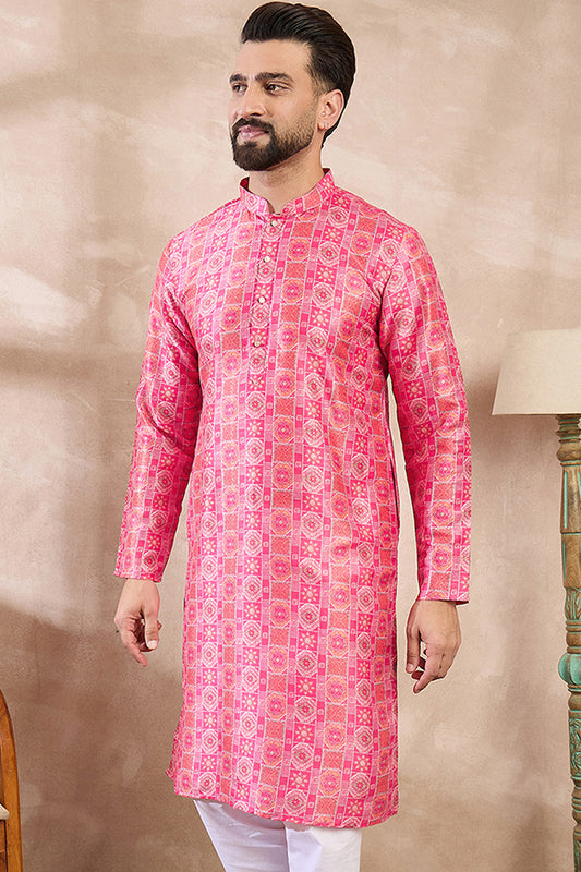 Pink Silk Blend Ethnic Motifs Printed Straight Kurta With Trouser MKSET1990