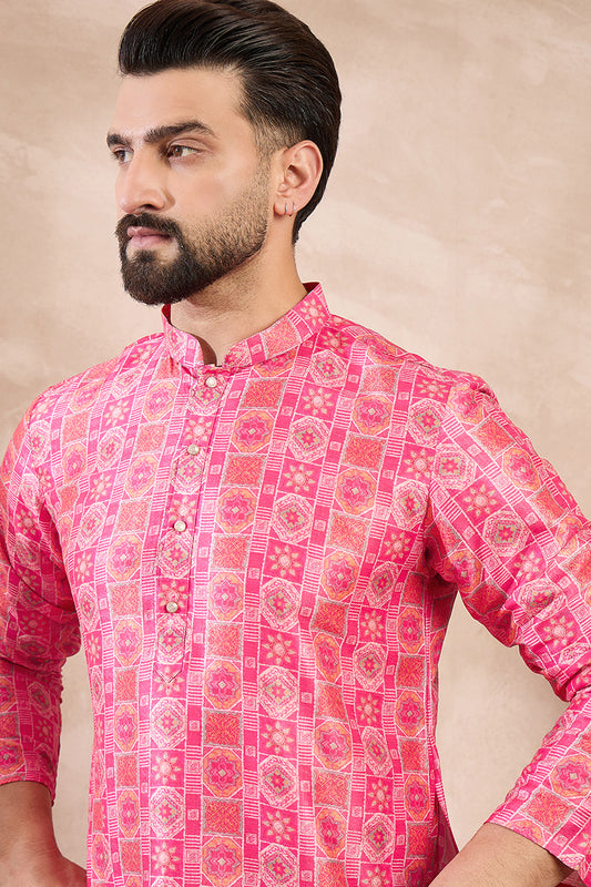 Pink Silk Blend Ethnic Motifs Printed Straight Kurta With Trouser MKSET1990