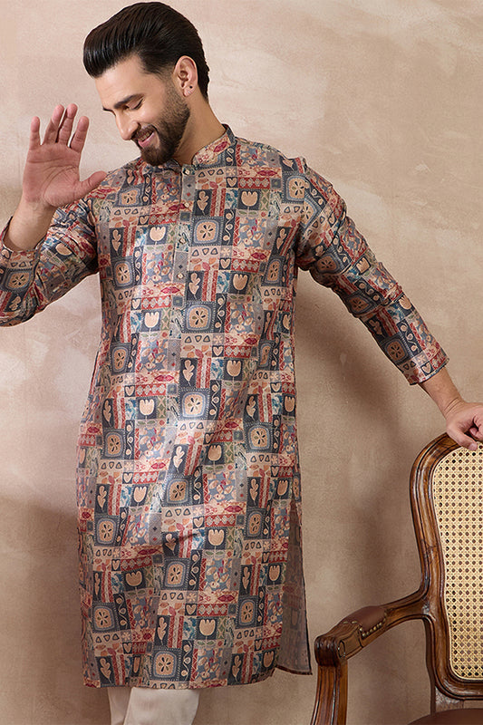 Multi Silk Blend Printed Mandarin Collar Straight Kurta With Trouser MKSET2001