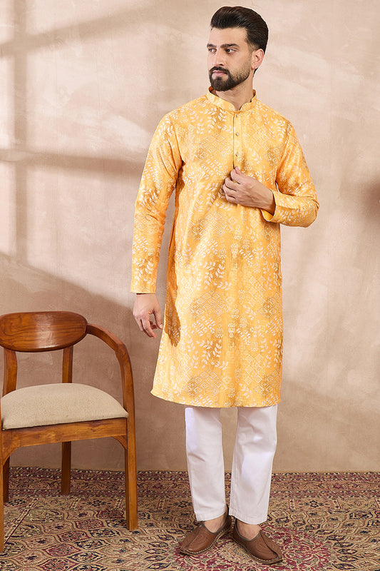 Yellow Silk Blend Ethnic Motifs Printed Straight Kurta With Trouser MKSET2012