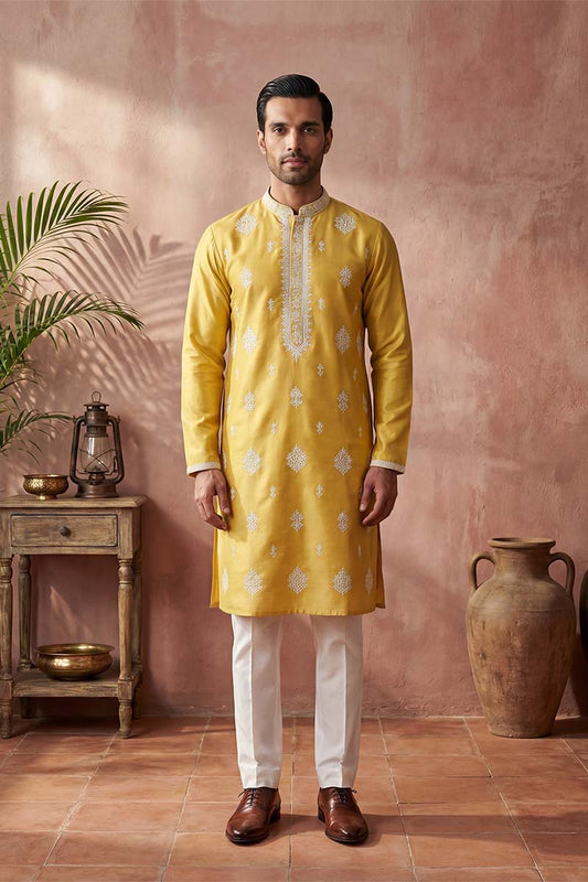Ethnic Bay Mens Yellow Silk Blend Solid Embroidered Kurta MKU2044