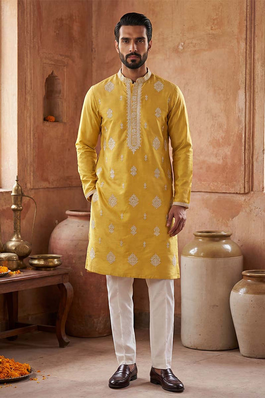 Ethnic Bay Mens Yellow Silk Blend Solid Embroidered Kurta MKU2044