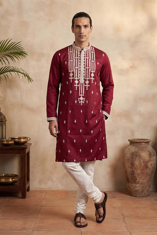 Ethnic Bay Maroon Silk Blend Embroidered Straight Kurta With Trousers MKSET2049