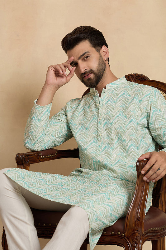 Ethnic Bay Green  Linen Printed Straight Kurta With Trousers MKSET2068