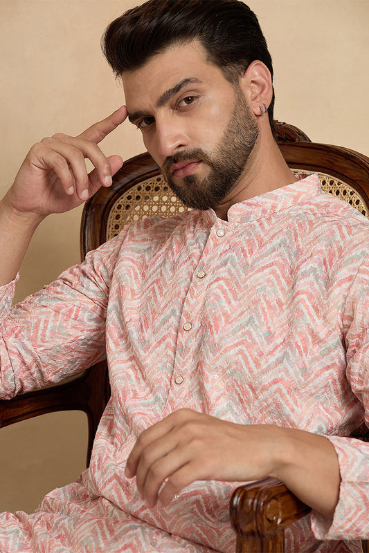 Ethnic Bay Peach Linen Printed Straight Kurta With Trousers MKSET2069