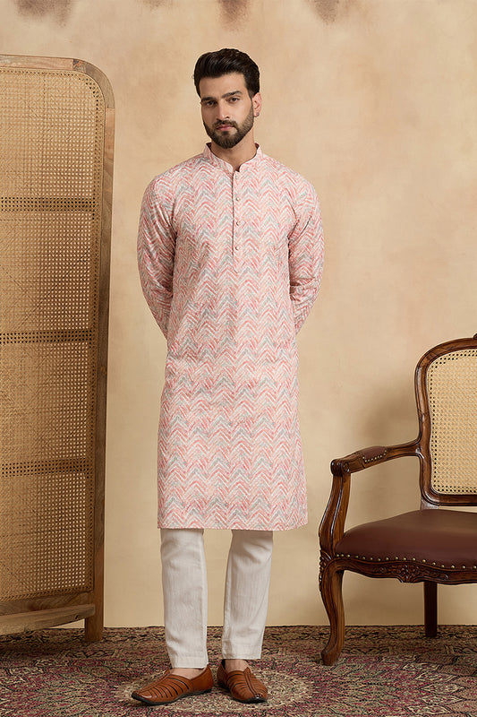 Ethnic Bay Peach Linen Printed Straight Kurta With Trousers MKSET2069