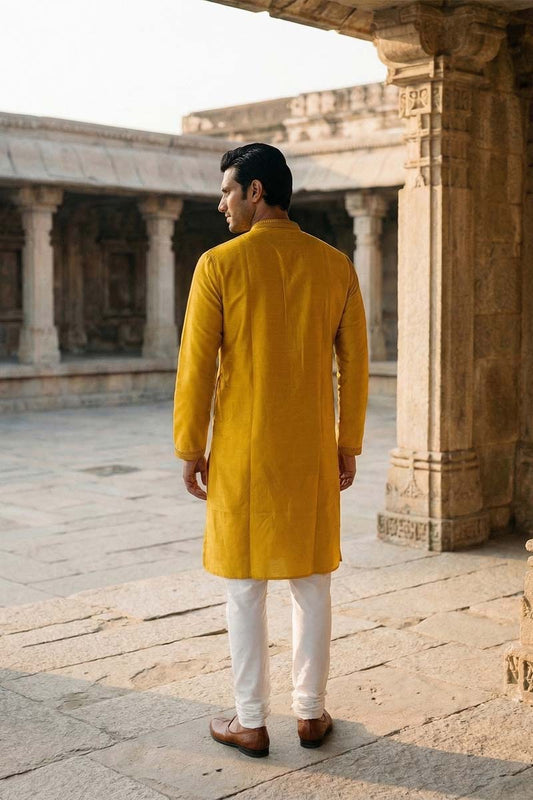 Ethnic Bay Yellow Silk Blend Embroidered Straight Kurta With Trousers MKSET2073