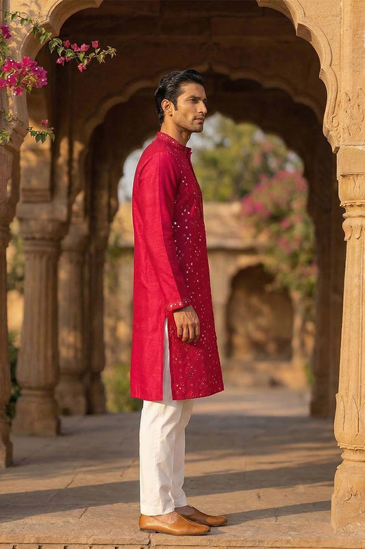 Ethnic Bay Mens Pink Silk Blend Solid Embroidered Kurta MKU2076
