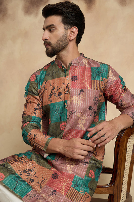 Ethnic Bay Multi Silk Blend Printed Straight Kurta With Trousers MKSET2077