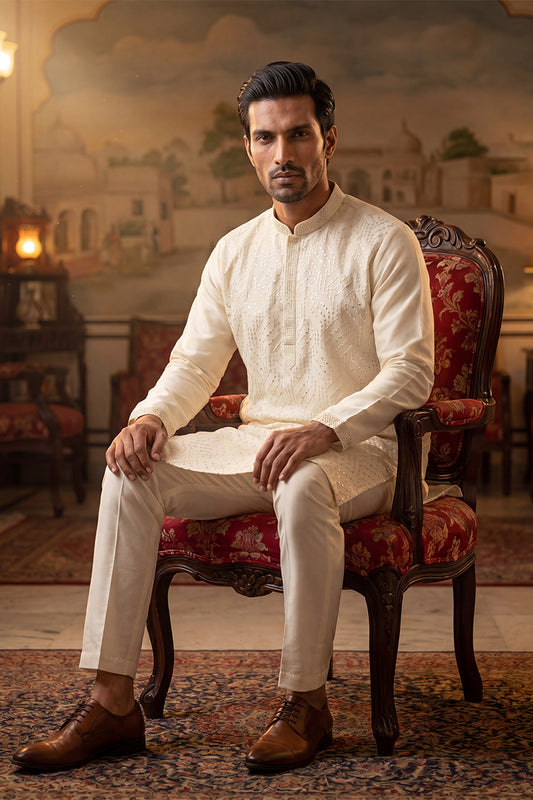 Ethnic Bay Men Off White Silk Blend Embroidered Straight Kurta Sets MKSET2082