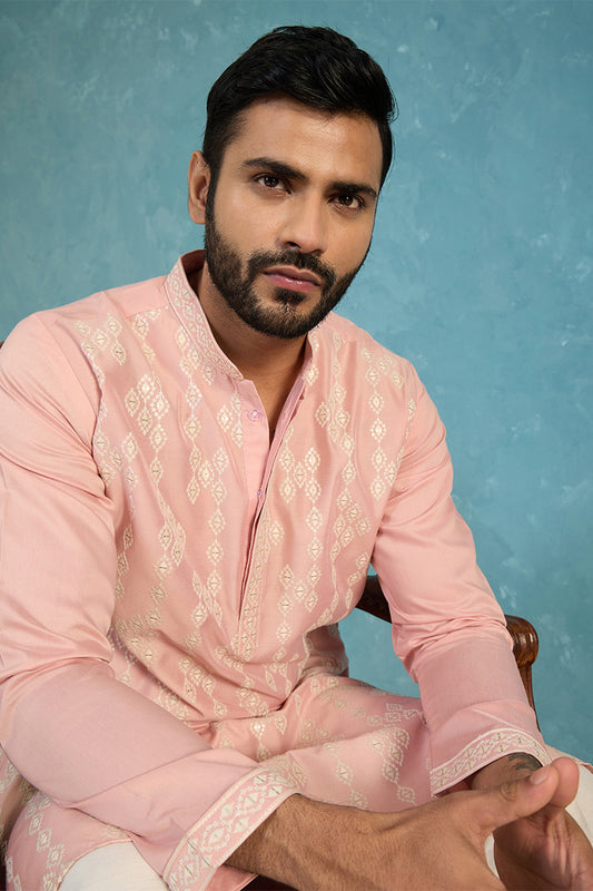 Ethnic Bay Mens Pink Silk Blend Solid Embroidered Kurta MKU2088