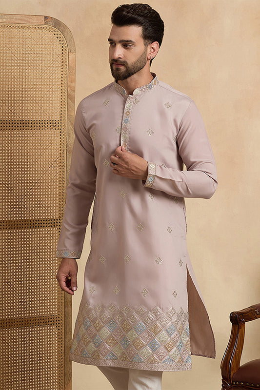 Ethnic Bay Lavender Silk Blend Embroidered Straight Kurta With Trousers MKSET2094