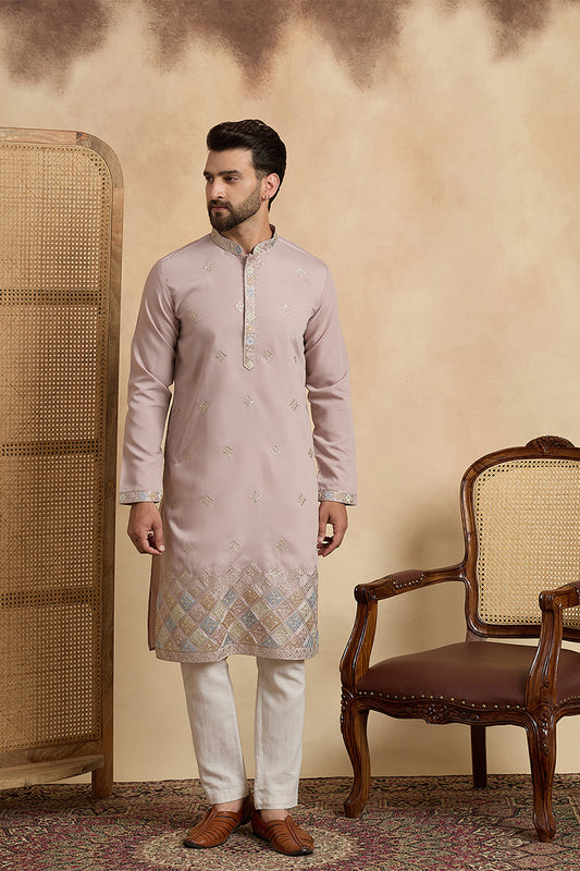 Ethnic Bay Lavender Silk Blend Embroidered Straight Kurta With Trousers MKSET2094
