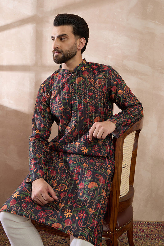 Black Silk Blend Embroidered Mandarin Collar Straight Kurta With Trouser MKSET2096