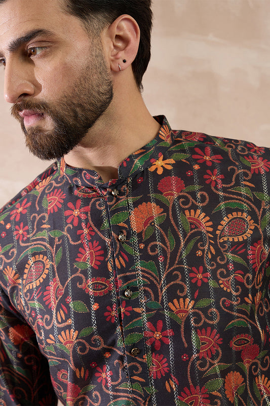Black Silk Blend Embroidered Mandarin Collar Straight Kurta With Trouser MKSET2096
