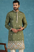 Ethnic Bay Silk Blend Green Solid Embroidered Calf Length Straight Kurta With Trousers MKSET2101