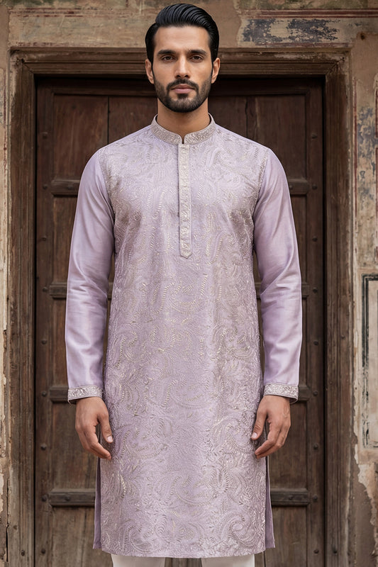 Ethnic Bay Men Lavender Silk Blend Embroidered Straight Kurta Sets MKSET2103