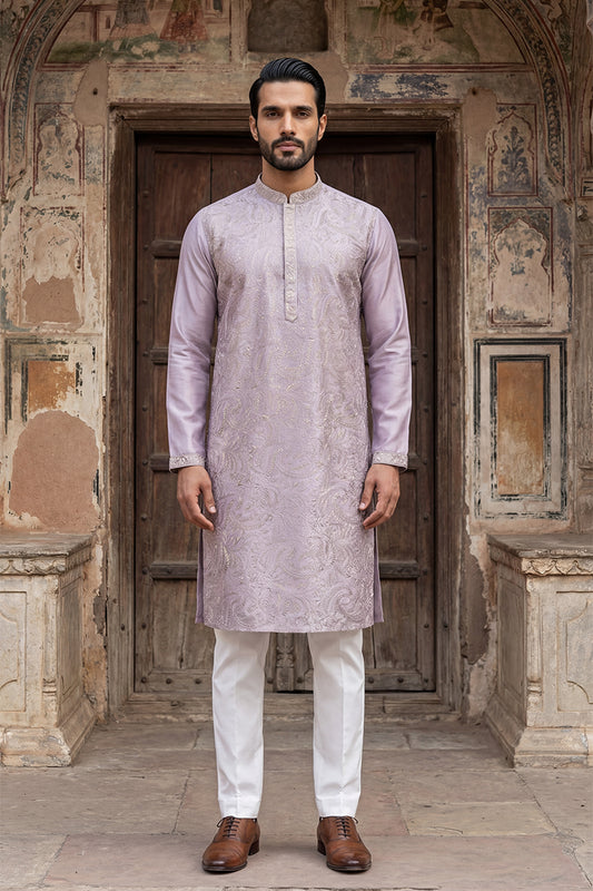 Ethnic Bay Men Lavender Silk Blend Embroidered Straight Kurta Sets MKSET2103