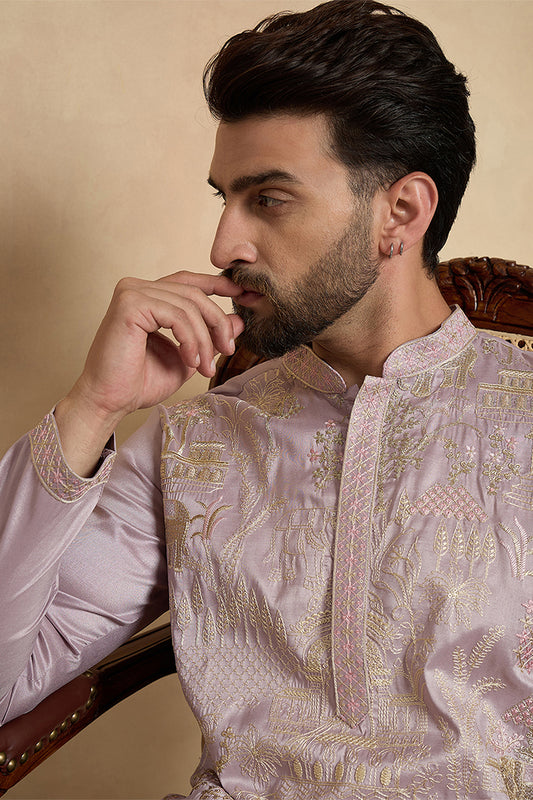 Ethnic Bay Lavender Silk Blend Embroidered Straight Kurta With Trousers MKSET2106