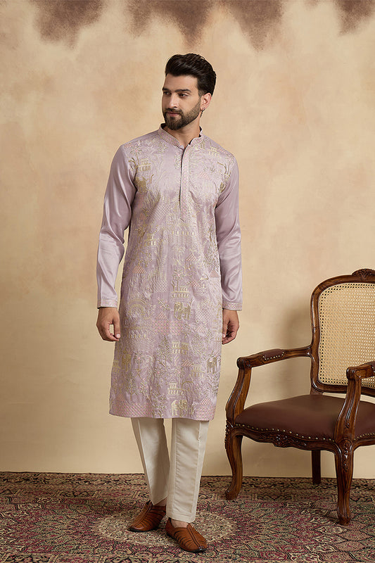 Ethnic Bay Lavender Silk Blend Embroidered Straight Kurta With Trousers MKSET2106