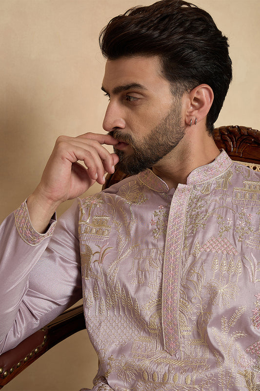 Ethnic Bay Lavender Silk Blend Embroidered Straight Kurta With Trousers MKSET2106