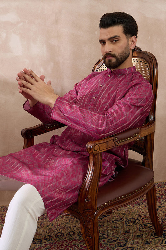 Pink Silk Blend Printed Mandarin Collar Straight Kurta With Trouser MKSET2114