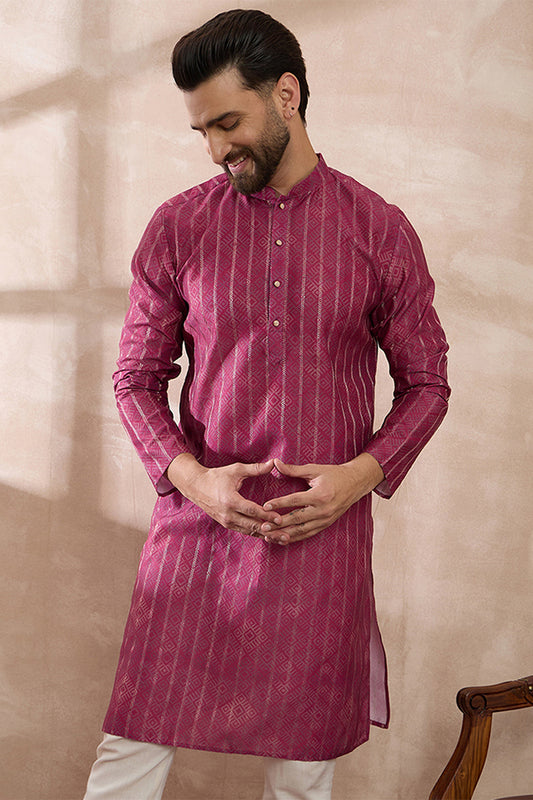 Pink Silk Blend Printed Mandarin Collar Straight Kurta With Trouser MKSET2114