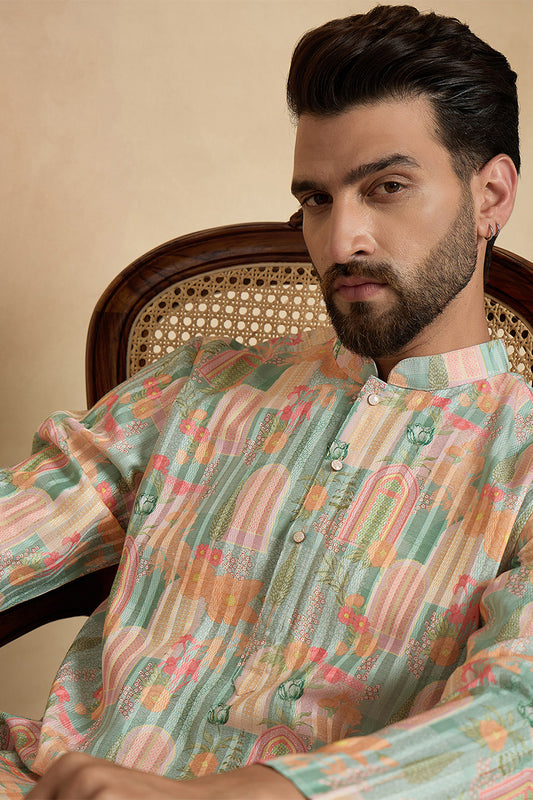 Ethnic Bay Green Silk Blend Printed Straight Kurta With Trousers MKSET2118
