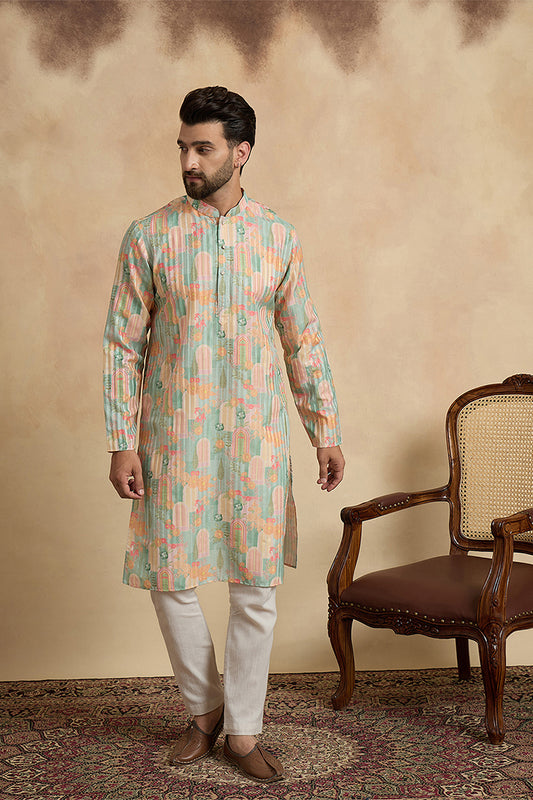 Ethnic Bay Green Silk Blend Printed Straight Kurta With Trousers MKSET2118