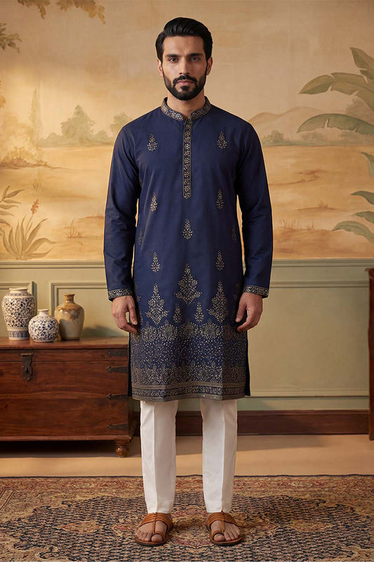 Ethnic Bay Men Blue Silk Blend Embroidered Straight Kurta MKU2122