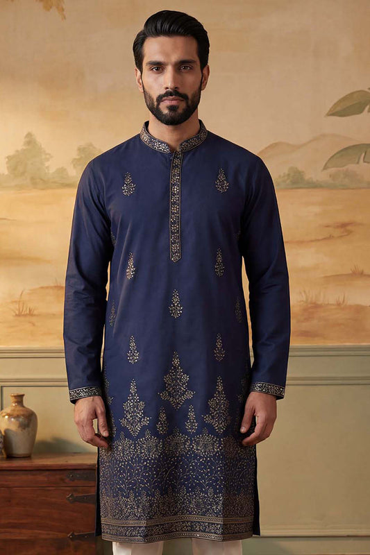 Ethnic Bay Men Blue Silk Blend Embroidered Straight Kurta MKU2122