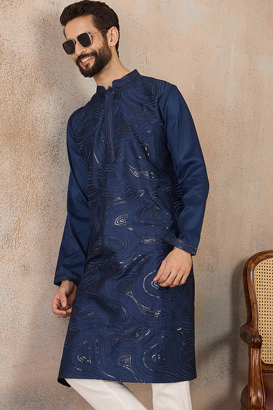 Blue Silk Blend Embroidered Straight Kurta MKU2124