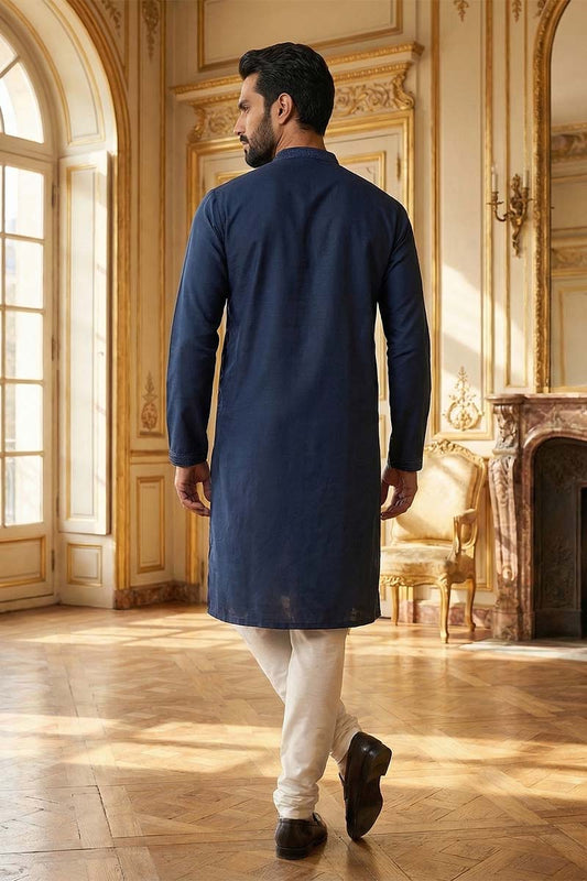 Ethnic Bay Blue Silk Blend Embroidered Straight Kurta With Trousers MKSET2124