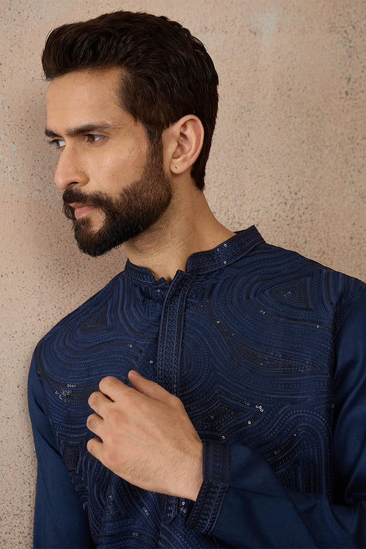 Ethnic Bay Blue Silk Blend Embroidered Straight Kurta With Trousers MKSET2124