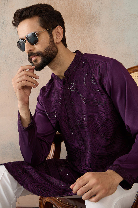 Purple Silk Blend Embroidered Straight Kurta MKU2125