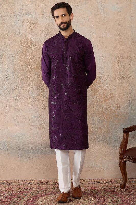 Ethnic Bay Ethnic Bay Purple Silk Blend Embroidered Straight Kurta With Trousers MKSET2125