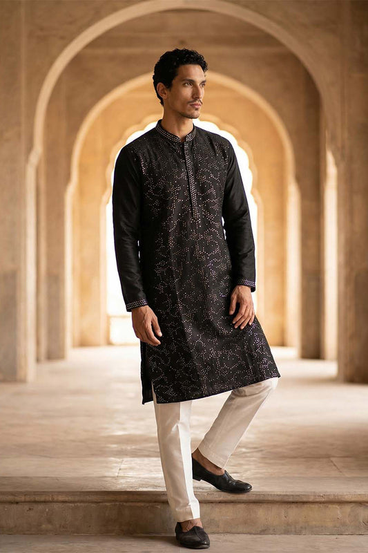Ethnic Bay Silk Blend Black Solid Embroidered Calf Length Straight Kurta MKU2128