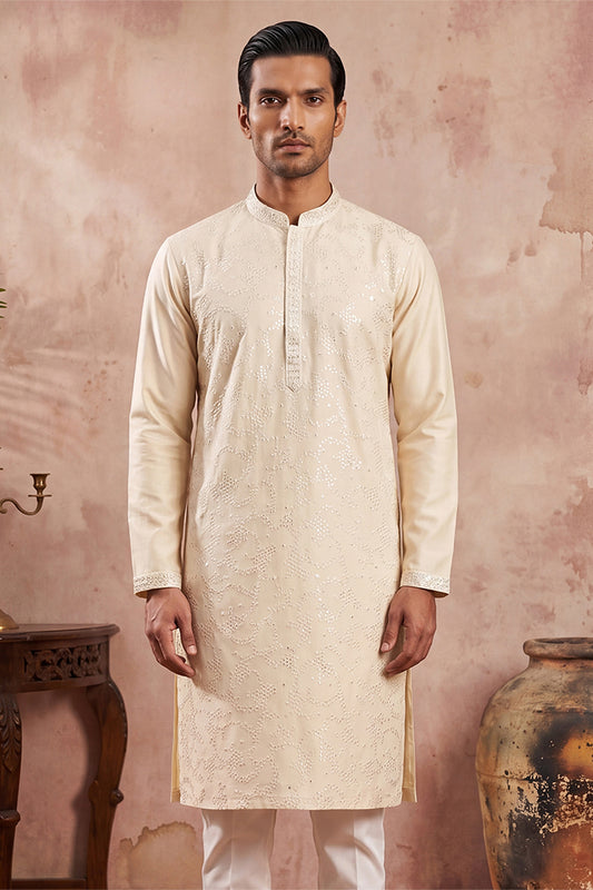 Ethnic Bay Men Off White Silk Blend Embroidered Straight Kurta Sets MKSET2129