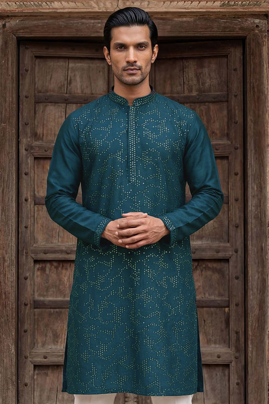 Ethnic Bay Silk Blend Teal Solid Embroidered Calf Length Straight Kurta MKU2131