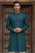 Ethnic Bay Silk Blend Teal Solid Embroidered Calf Length Straight Kurta With Trousers MKSET2131