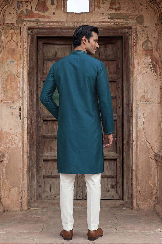 Ethnic Bay Silk Blend Teal Solid Embroidered Calf Length Straight Kurta With Trousers MKSET2131
