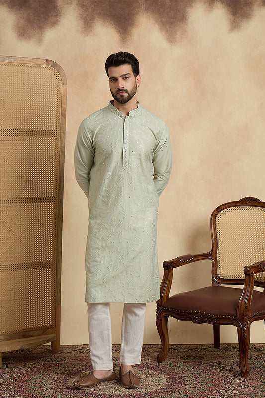 Ethnic Bay Silk Blend Green Solid Embroidered Calf Length Straight Kurta MKU2133